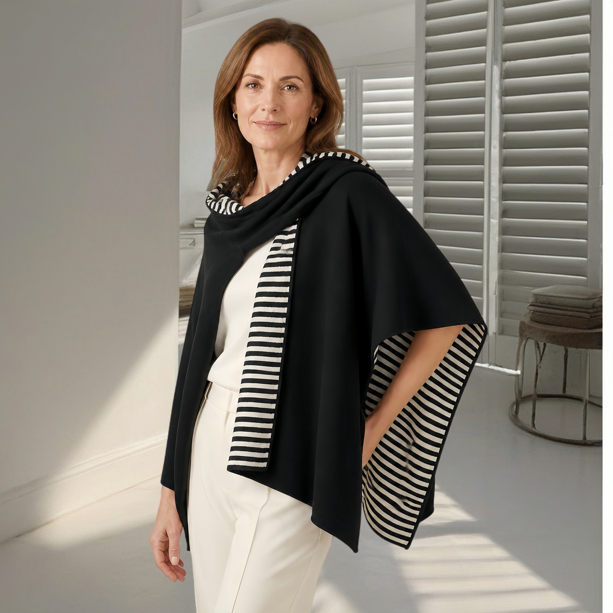 Reversible Pima Cotton Cape — Black & Stripe #153320