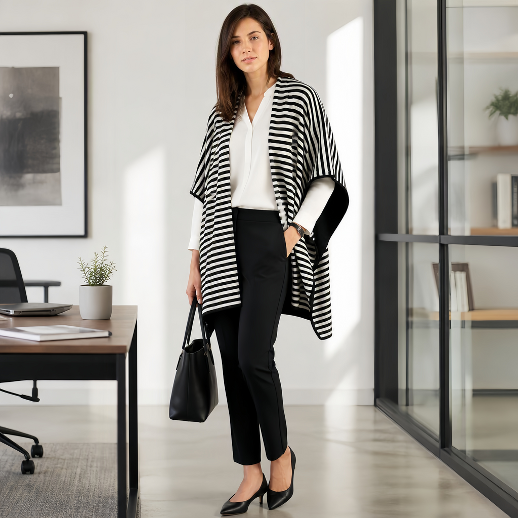 Reversible Pima Cotton Cape — Black & Stripe #153320