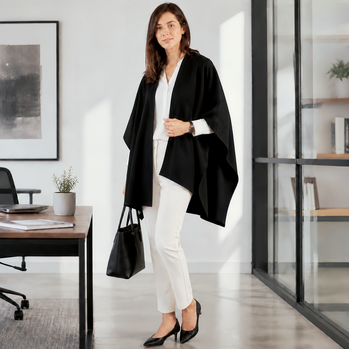 Reversible Pima Cotton Cape — Black & Stripe #153320