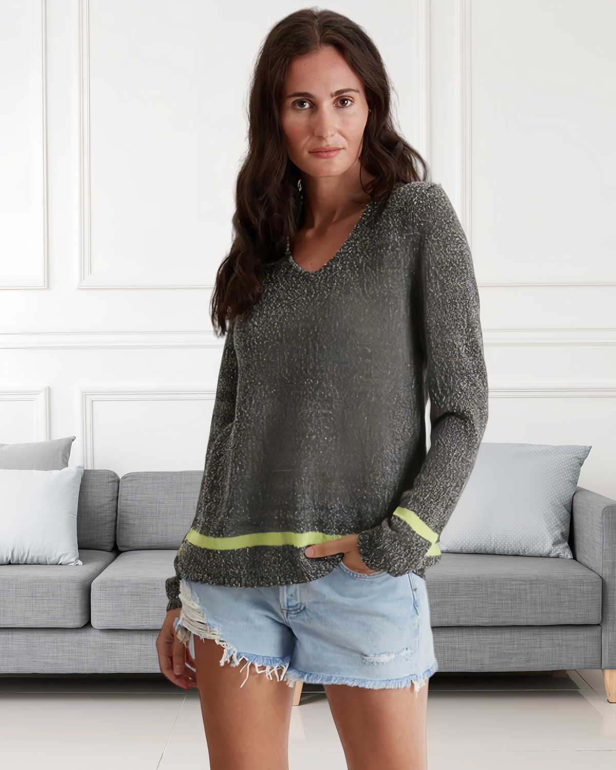 Relaxed V-Neck Knit Sweater w Neon Accent Stripe #204803